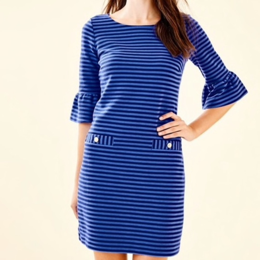 Lilly Pulitzer Alden Dress in Blue Grotto Ottoman Stripe Sz XS